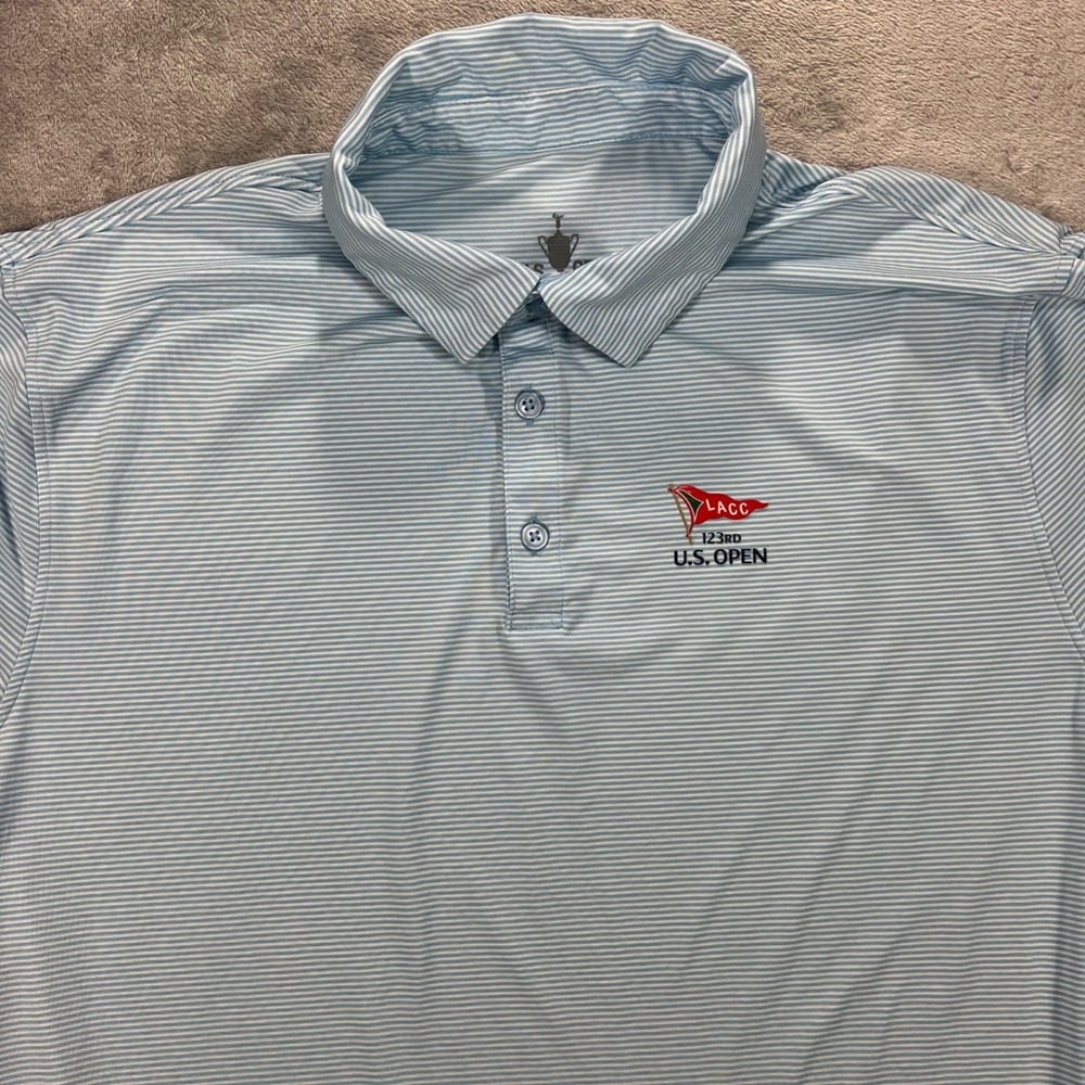 US Open LACC Polo Shirt Mens XL Blue Striped 123rd Golf Short Sleeve Activewear